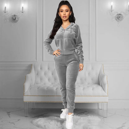 Women Pant Sets Comfortable Velvet Matching Sets Two Piece Set Autumn Loose Zipper Hoodie Jacket Elastic Waist Skinny Pants Sets