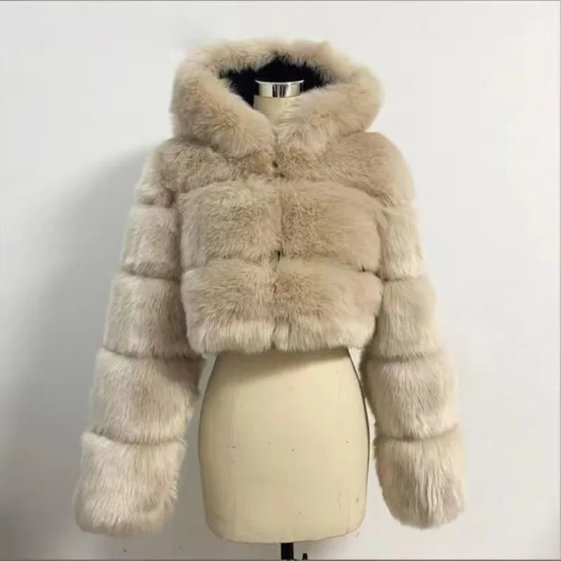 S-6XL Women Coat Autumn Winter Short Hooded Faux Fox Fur Coat Thick Warm Outerwear Fake Fur Woman Jackets Ladies Furry Coats