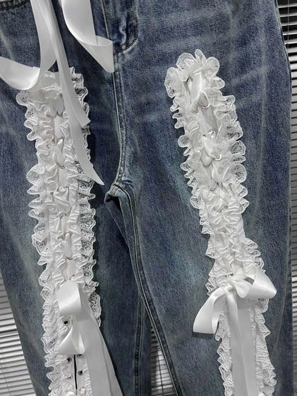 DEAT Women's Fashion Retro Lace Patchwork Denim Long Pants High Waist Wide Leg Jeans Female 2024 Arrival Winter New 11A02128