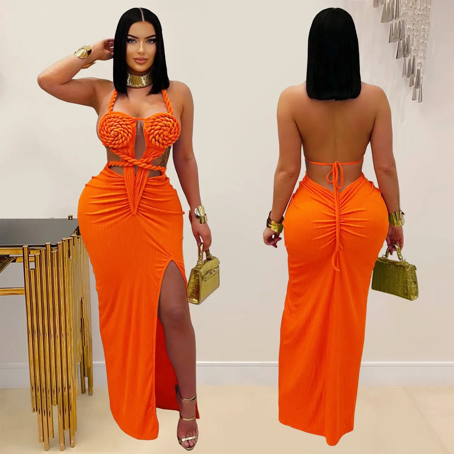 CM.YAYA Women Hemp Rope Halter Neck Stacked Ruched High Split Knit Bodycon Midi Maxi Long Dress 2025 Birthday Sexy Party Dresses