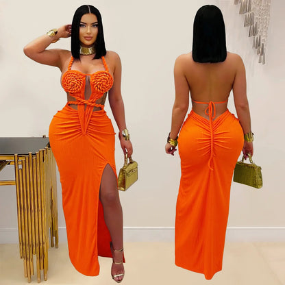CM.YAYA Women Hemp Rope Halter Neck Stacked Ruched High Split Knit Bodycon Midi Maxi Long Dress 2025 Birthday Sexy Party Dresses