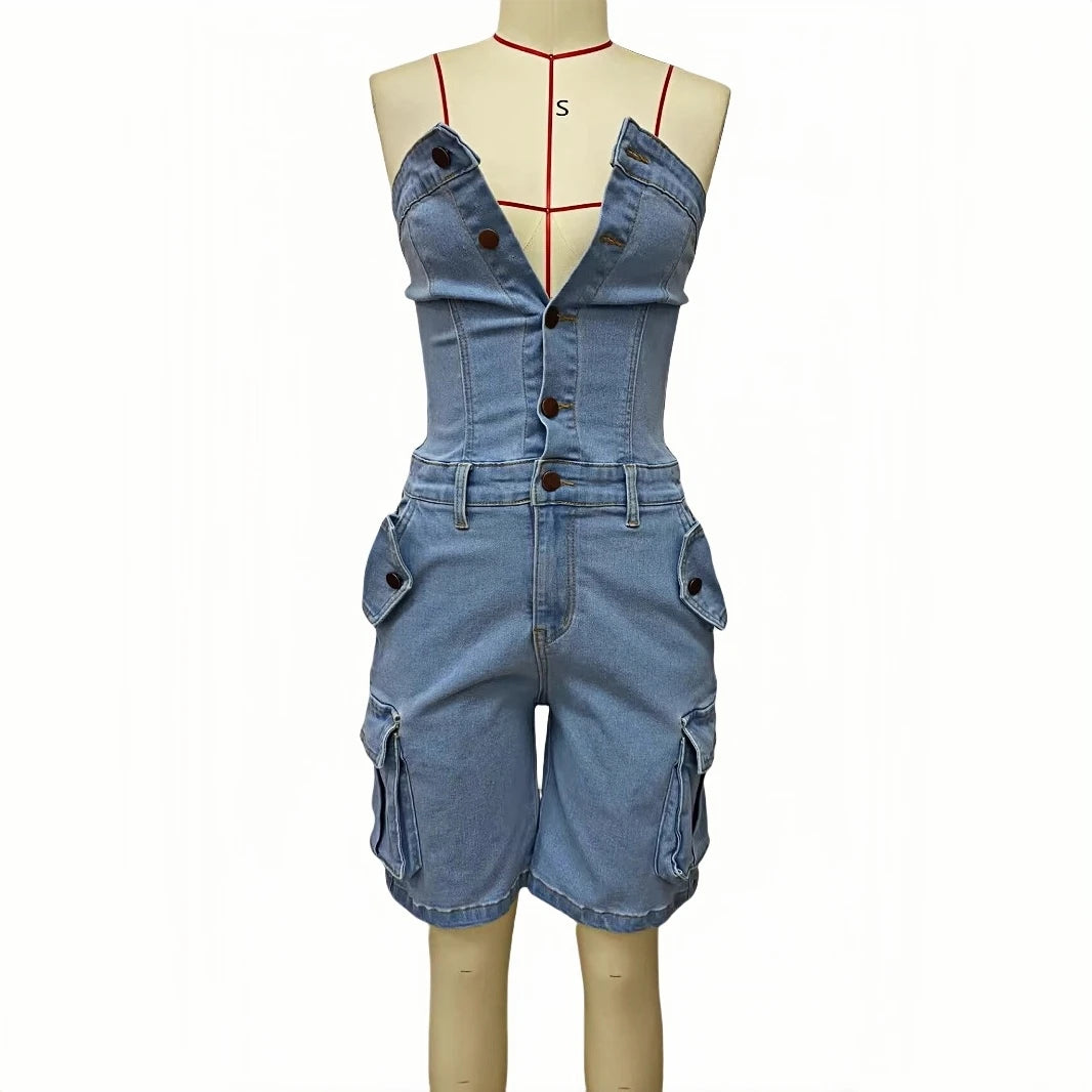 FAGADOER Fashion Cargo Pocket Patchwork Denim Romper Women Button Backless Sleeveless Jumpsuit Female Streetwear Overalls 2025