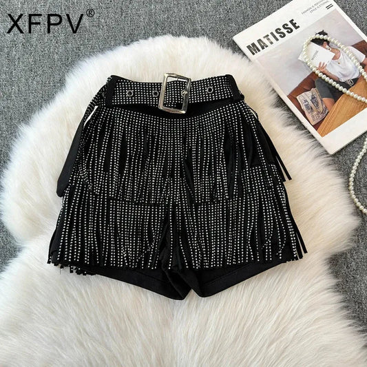 XFPV American Style Women's Shorts Summer Belt Gathered Waist Zipper Spliced Beading Tassel Shorts Female New Fashion 22D1803