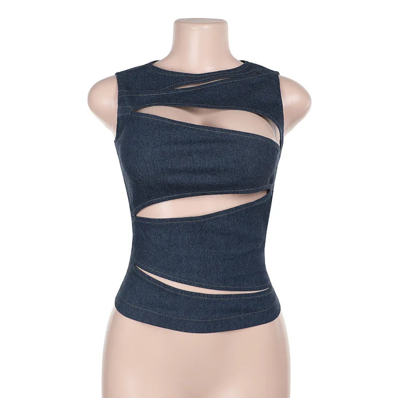 Women's Sleeveless Round Neck Vest Summer Solid Color Hollow Slim Vest Top Fashion Sexy Streetwear Women's Slim Vest Top