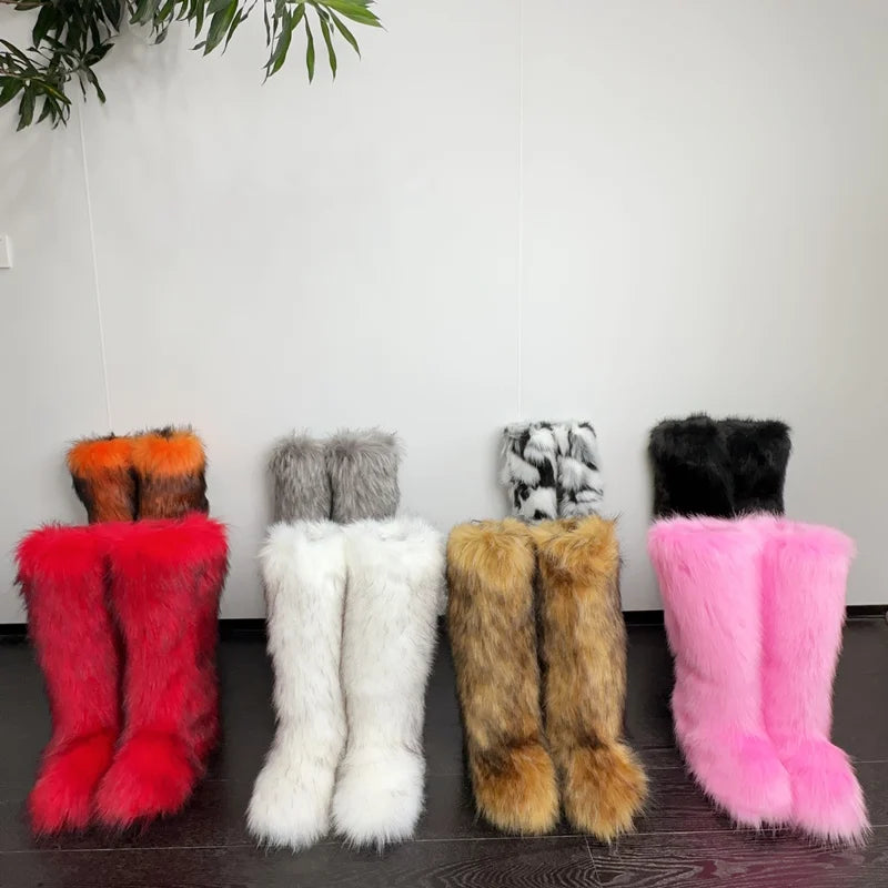 Womens Knee High Fuzzy Faux Fur Boots - Soft, Warm, and Comfortable Slip-on Design with Flat Heel, Round Toe