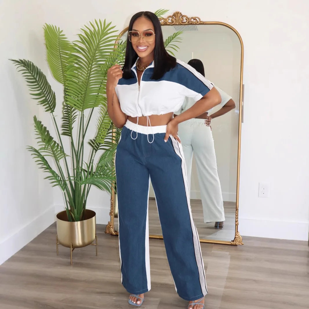 Pant Set Women Two Piece Sets Denim Matching Sets Jogger Tracksuit Matching Sets Zipper Tops Wide Leg Long Pants Elastic Waist