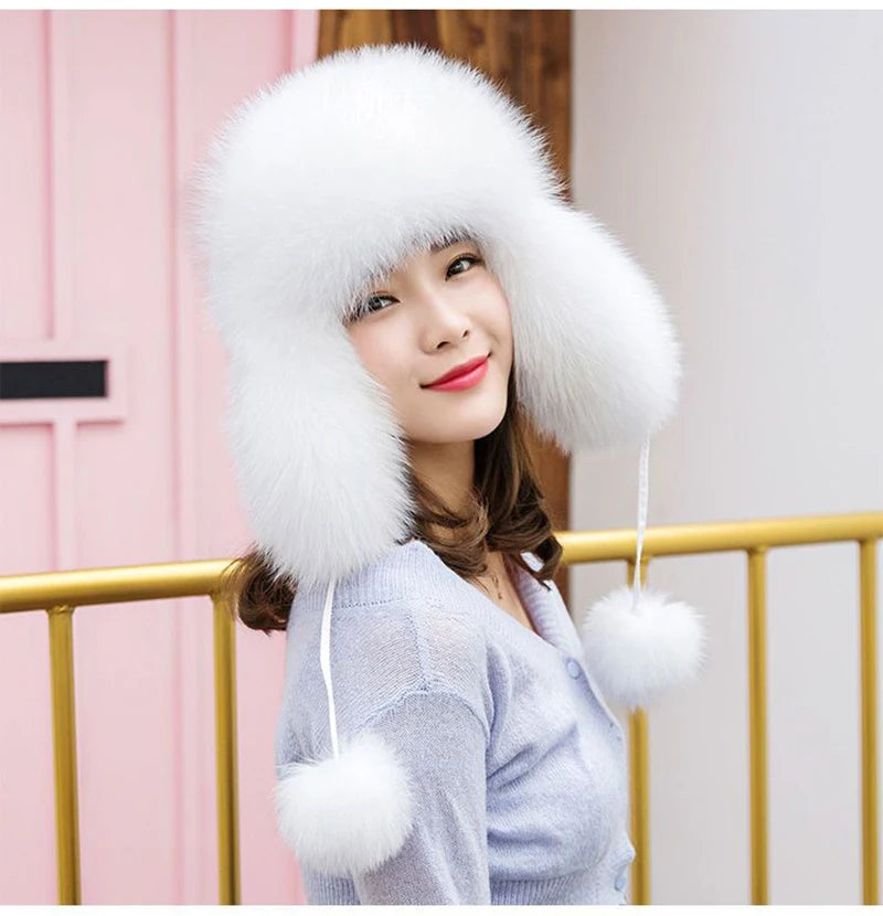 2025 100% Real Fox Fur Hats Women's Russian Ushanka Aviator Trapper Snow Skiing Hat Caps Earflap Winter Raccoon Fur Bomber Hat