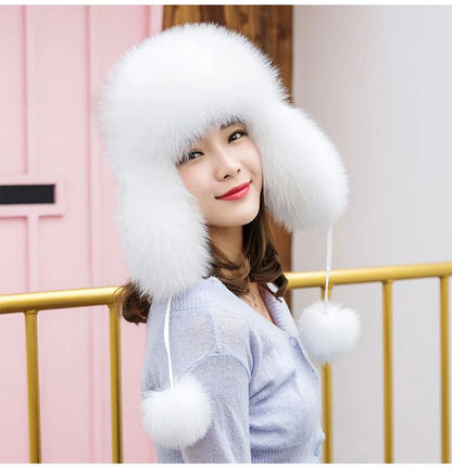 2025 100% Real Fox Fur Hats Women's Russian Ushanka Aviator Trapper Snow Skiing Hat Caps Earflap Winter Raccoon Fur Bomber Hat