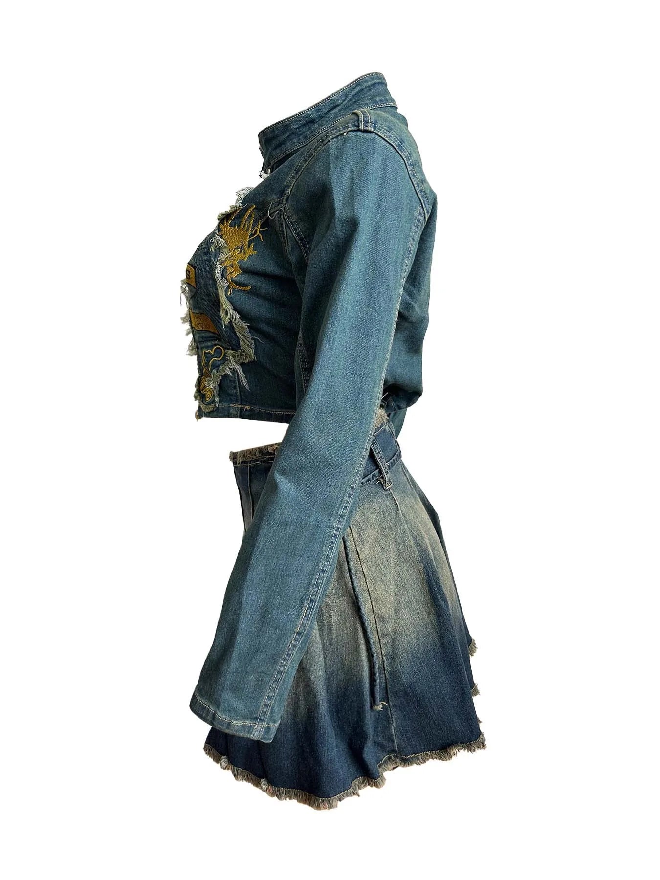 CM.YAYA Denim Women's Set Letter Embroidery Full Sleeve Jacket and Pleated Skirts Suits Streetwear Sexy Two 2 Piece Set Outfits
