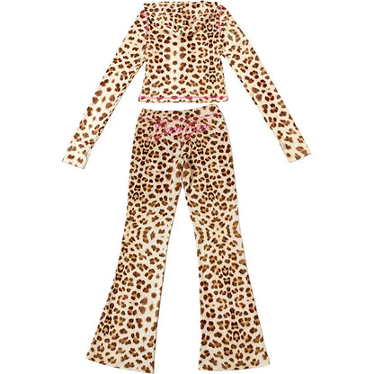 FAGADOER Sexy Leopard Print 2 Piece Sets Women Outfit Long Sleeve Zipper Hooded Crop Jacket + Flare Pants Suits Female Clothing