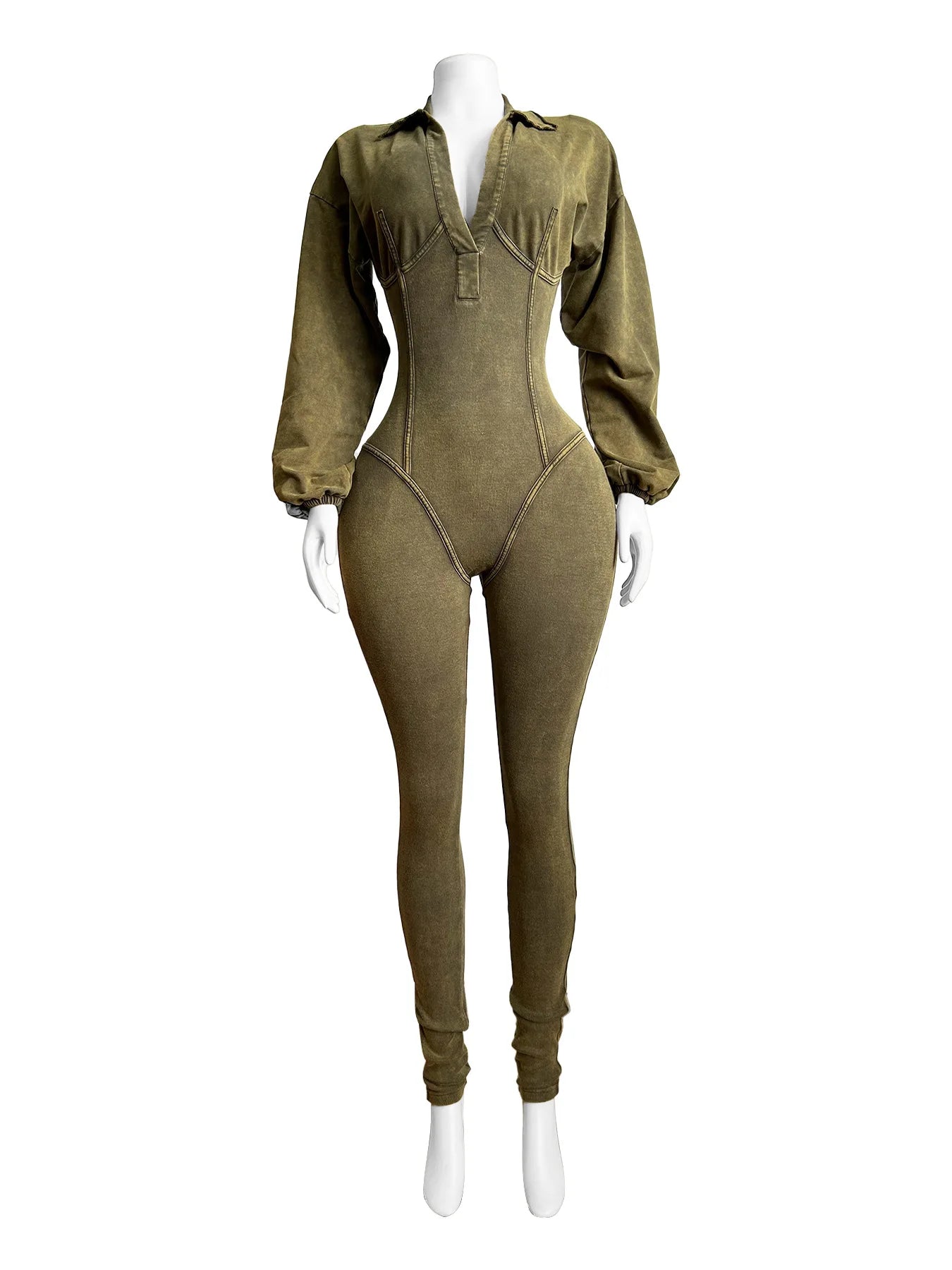 Women's Clothing 2025 Spring Summer New Fashion Bubble Sleeves Sexy Deep V Tight Waist Casual Long Sleeved Jumpsuit Pants