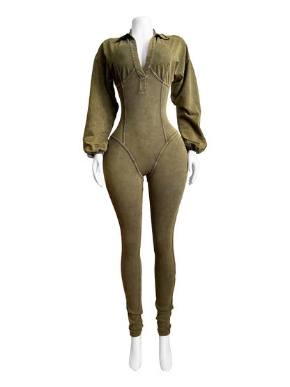 Women's Clothing 2025 Spring Summer New Fashion Bubble Sleeves Sexy Deep V Tight Waist Casual Long Sleeved Jumpsuit Pants
