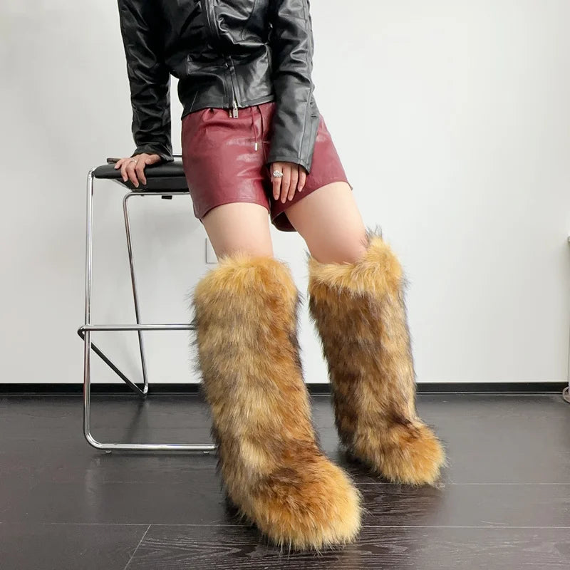 Womens Knee High Fuzzy Faux Fur Boots - Soft, Warm, and Comfortable Slip-on Design with Flat Heel, Round Toe