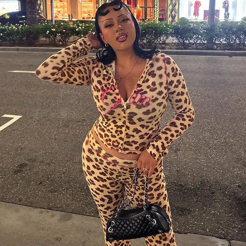 FAGADOER Sexy Leopard Print 2 Piece Sets Women Outfit Long Sleeve Zipper Hooded Crop Jacket + Flare Pants Suits Female Clothing