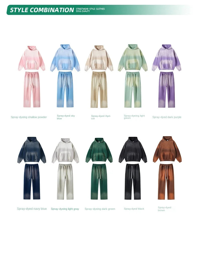 Custom LOGO 2025 autumn winter new 360G heavy sweater men's women's spray-dyeing old thickened hooded trendy sweater trousers clothes set