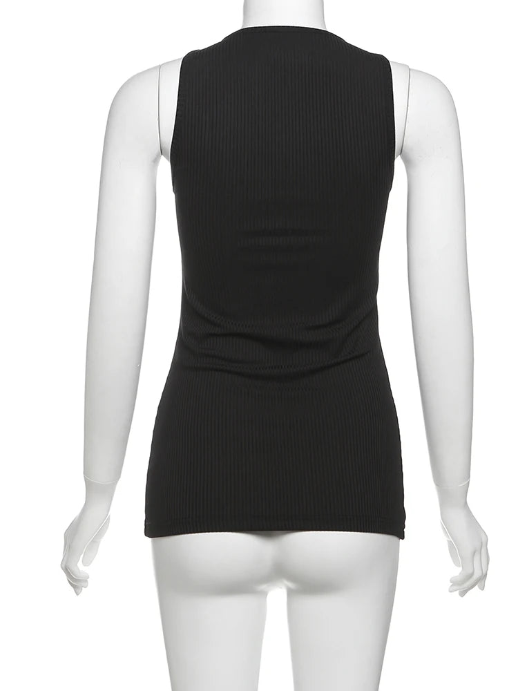 kliou Modern Printed Women Vests Vintage Sexy New Low Neck Ribbed Stretch Lengthen Tank Tops Female Trend Attractive Streetwear