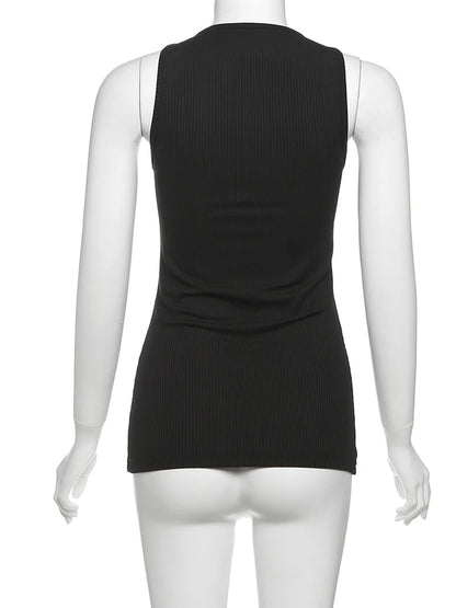 kliou Modern Printed Women Vests Vintage Sexy New Low Neck Ribbed Stretch Lengthen Tank Tops Female Trend Attractive Streetwear