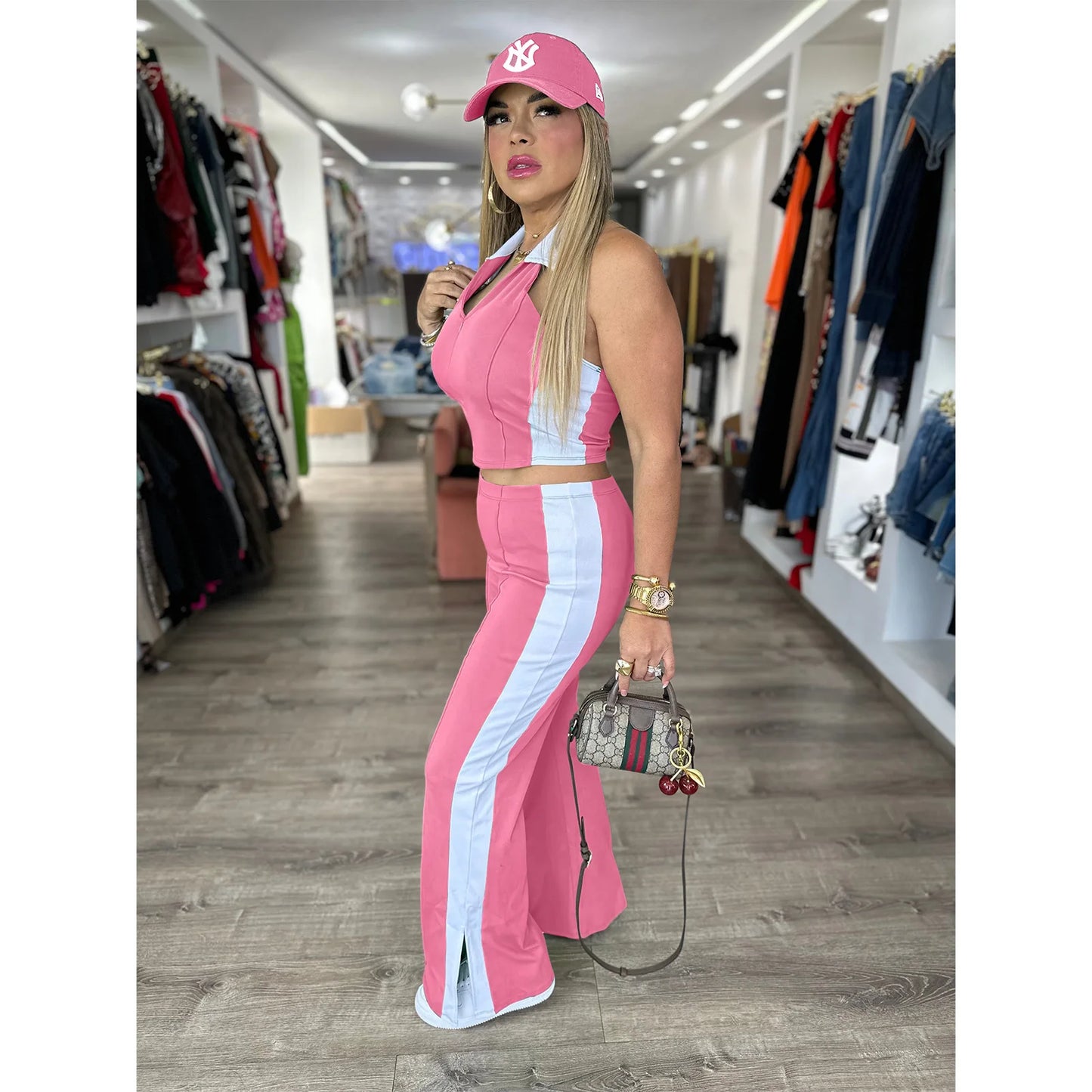 CM.YAYA Sporty Patchwork Women's Set Sleeveless Polo-tank Tops and Slit Flare Pants 2025 Active Two 2 Piece Set Outfit Tracksuit