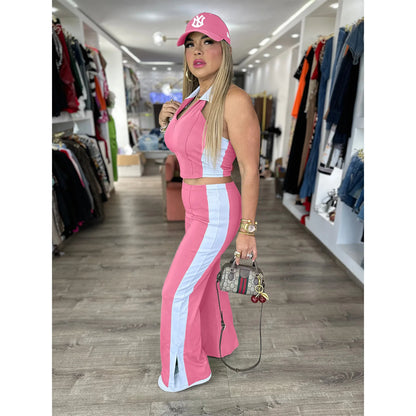 CM.YAYA Sporty Patchwork Women's Set Sleeveless Polo-tank Tops and Slit Flare Pants 2025 Active Two 2 Piece Set Outfit Tracksuit