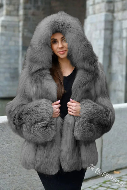 Women Warm Faux Fur Winter Thicken Hooded High Quality Faux Fox Fur Coat Lady 2025 New Casual Large Size Cloth Available 5XL