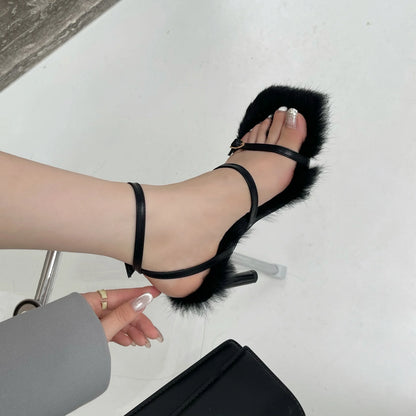 Eilyken 2025 New Brand Plush Fur Fuzzy Sandals Women Thin Heels Fashion Square Toe Ankle Lace Up Buckle Strap Slides Shoes