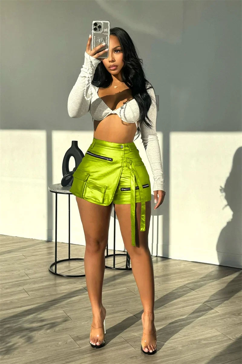 Shiny Metallic Irregular Shorts Skirts Women Y2K Clothing High Waist Button Fly Pockets Party Club Birthday Pantalones Cortos