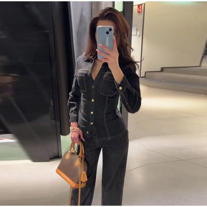 Street Vintage Denim Pants Sets Women Slim Long Sleeve Lapel Single Breasted Jacket Straight Trousers 2025 Spring Lady Outfits