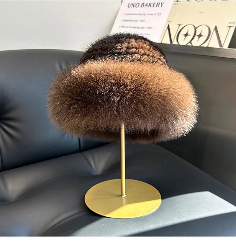 New Genuine Real Natural Knitted Mink Fur Hat Cap Luxury Women Handmade Knit Fashion Winter Headwear Warm Real Fox Fur Beanies