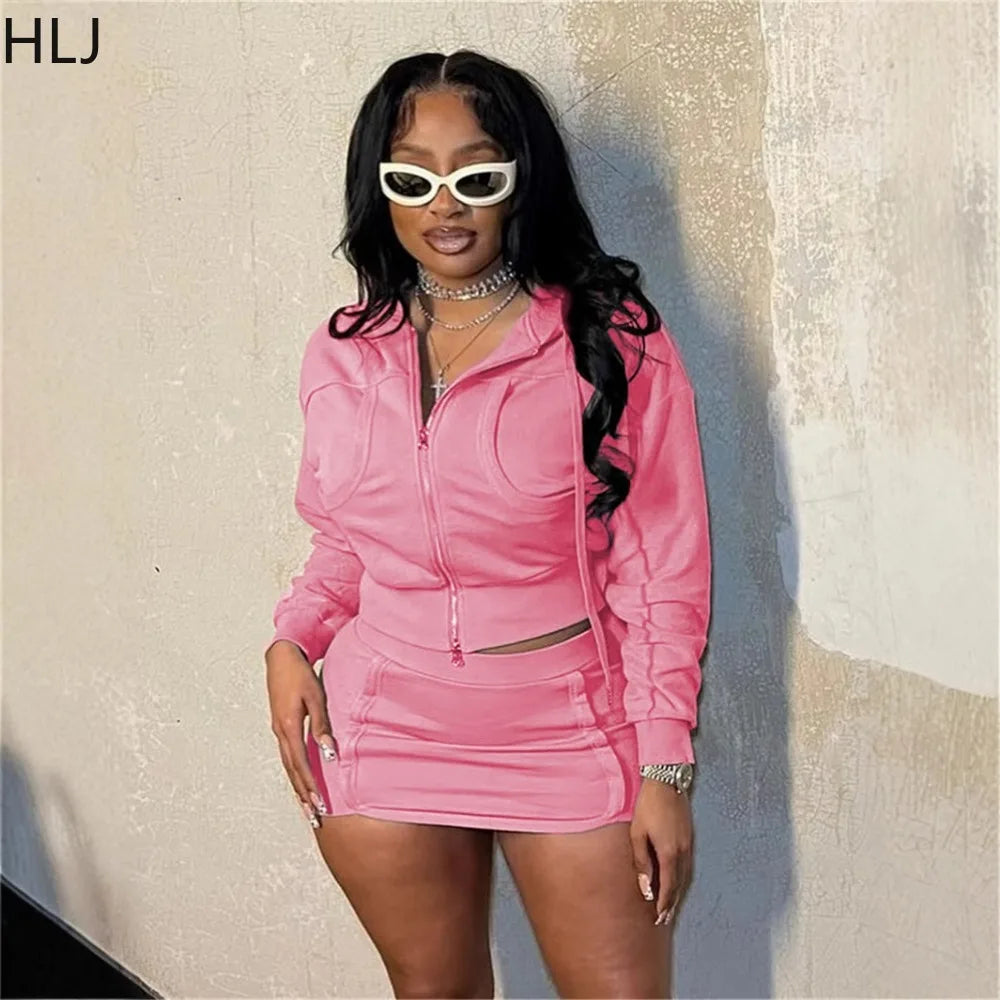 HLJ Spring New Casual 2 Piece Sets Woman Outfit Solid Zip Drawstring Crop Jacket and Bodycon Skirts Female Streetwear Clothing