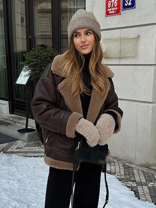 Winter Women Warm Coats Thick Faux Leather Jacket Vintage Lapel Long Sleeve Zipper Overcoat Fashion Loose Oversize Coats Female