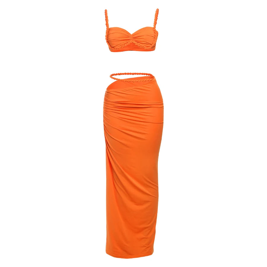 Weird Puss Bandage Ruched 2 Piece Set Women Square Collar Bra+Skinny Long Skirts 2025 Summer Vacation Beach Party Trend Suits