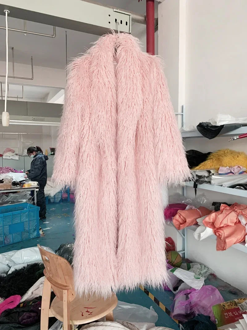 Women Faux Sheep Fur Long Coat Cardigan Thermal Loose Maxi Jackets Plush Coats Female Jacket Autumn Winter Furry Outerwear