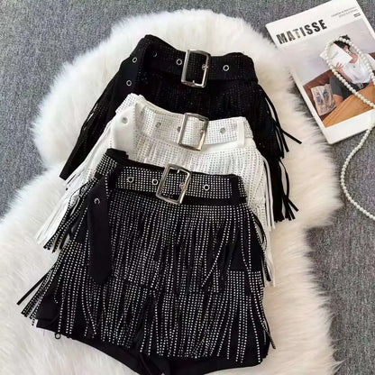 XFPV American Style Women's Shorts Summer Belt Gathered Waist Zipper Spliced Beading Tassel Shorts Female New Fashion 22D1803