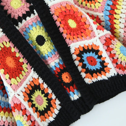 BOHO Geometric Plaid Hand Made Crochet Cardigan Woman V neck Long sleeve Sweater Open Stitching Knitwear Jumper Holiday