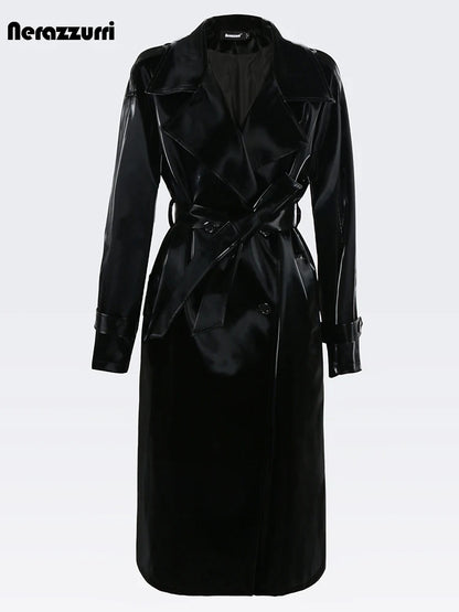 Nerazzurri Autumn Long Cool Black Shiny Glitter Patent Faux Leather Trench Coat for Women Sashes Double Breasted Europe Fashion
