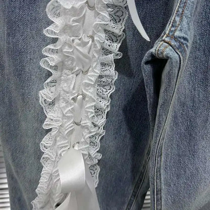 DEAT Women's Fashion Retro Lace Patchwork Denim Long Pants High Waist Wide Leg Jeans Female 2024 Arrival Winter New 11A02128