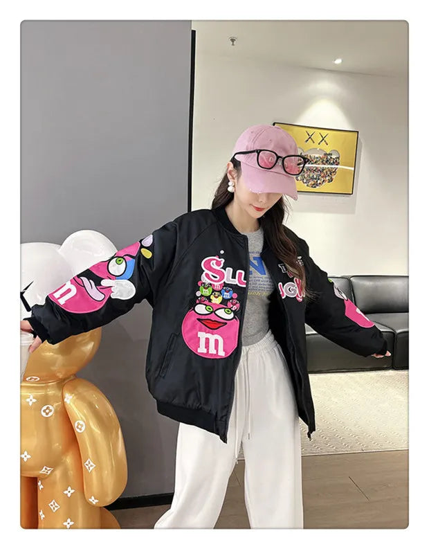 Cross-border Cartoon Embroidery Baseball Jacket For Men Women Casual Loose Fit Hip Hop Top Spring Autumn Letter Couple Jacket