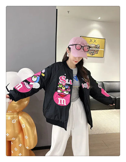 Cross-border Cartoon Embroidery Baseball Jacket For Men Women Casual Loose Fit Hip Hop Top Spring Autumn Letter Couple Jacket