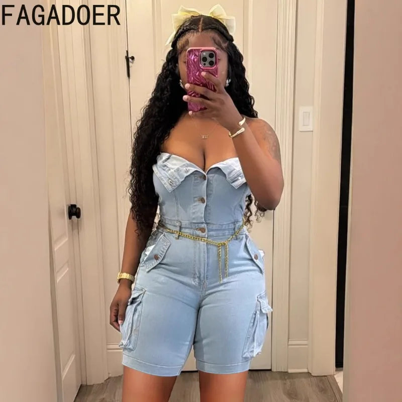 FAGADOER Fashion Cargo Pocket Patchwork Denim Romper Women Button Backless Sleeveless Jumpsuit Female Streetwear Overalls 2025