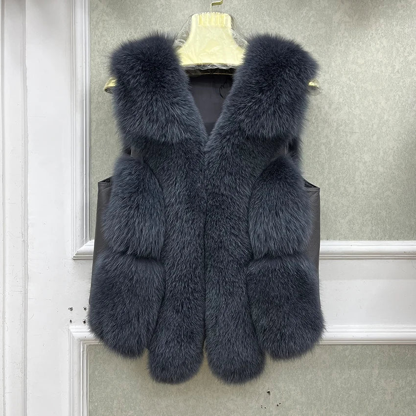 2024 New Autumn Winter Warm Women's Coat Natural Real Fox Fur Vest Thick Mid Length Waistcoat Luxury Female Jacket Streetwear