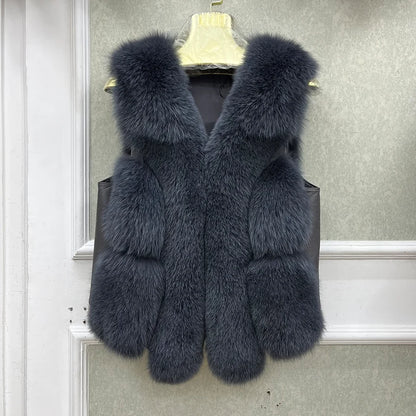 2024 New Autumn Winter Warm Women's Coat Natural Real Fox Fur Vest Thick Mid Length Waistcoat Luxury Female Jacket Streetwear