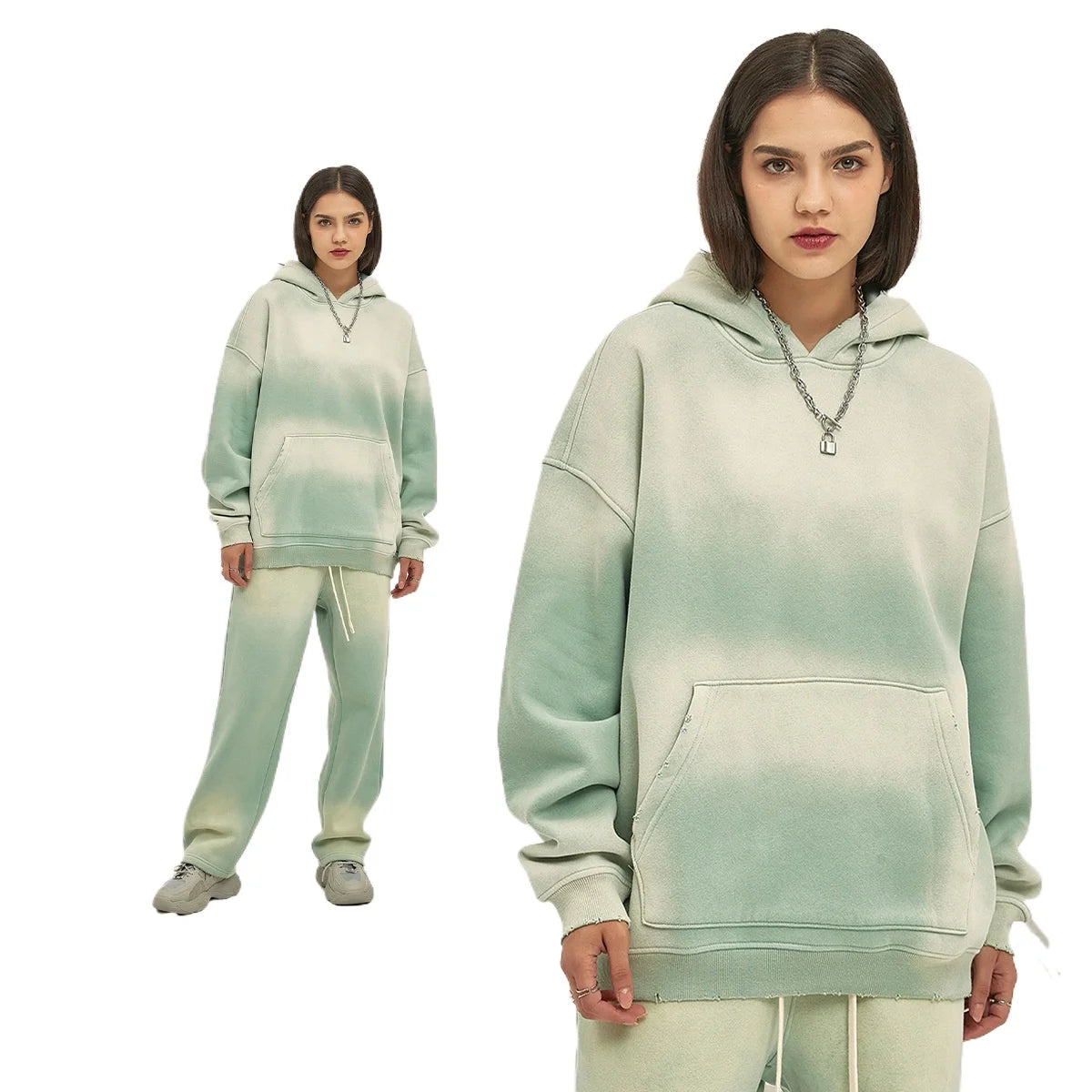 Custom LOGO 2025 autumn winter new 360G heavy sweater men's women's spray-dyeing old thickened hooded trendy sweater trousers clothes set