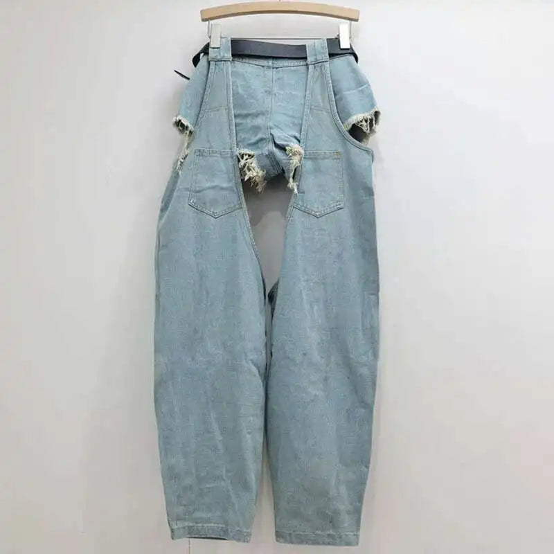 DEAT Fashion Women's Worn-out Hole Belt Denim Pants Splicing Low Waisted Shorts Two-piece Set Female 2024 Autumn New 11A01141