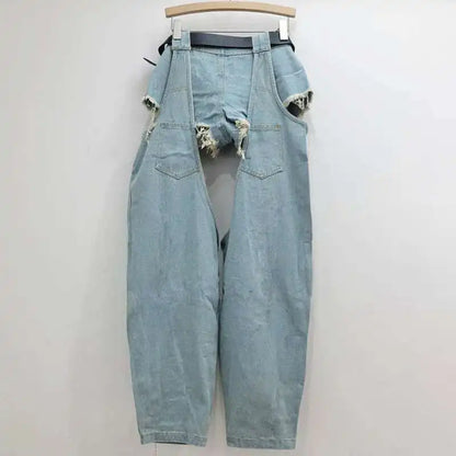 DEAT Fashion Women's Worn-out Hole Belt Denim Pants Splicing Low Waisted Shorts Two-piece Set Female 2024 Autumn New 11A01141