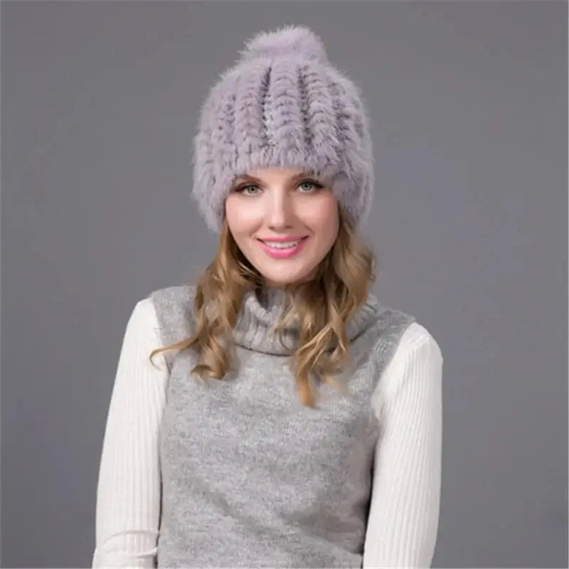 2024 New Genuine Mink Fur Hat Fashion Winter Warm Ball Caps With Copious Female Beanie Knit Cap and Liner 6 Colors BZ-11