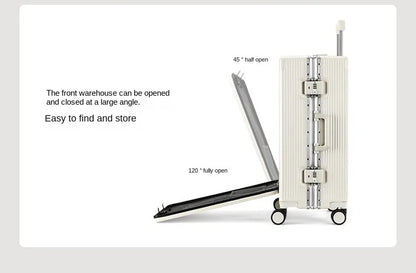 Suitcase Front Opening Pocket Aluminum Alloy Frame Rolling Luggage with USB Charging Plug Trolley Carry-on Case Bag with Wheel
