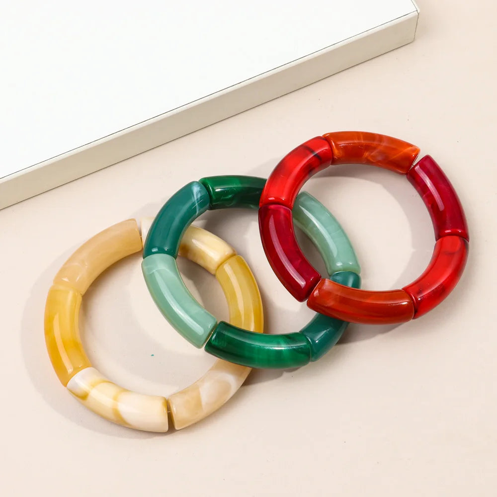 FishSheep Trendy Acrylic Stacked Bamboo Beads Bangles Bracelets for Women Bohemian Resin Elastic Beaded Bracelets Set Jewelry