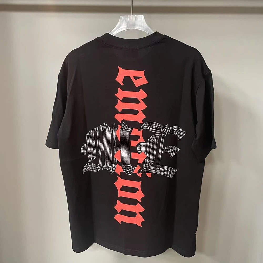 New Summer Letter Rhinestone Short Sleeve Black Mens Tshirts Streetwear Cotton Loose Round Neck Top Tees Oversized Unisex Tshirt