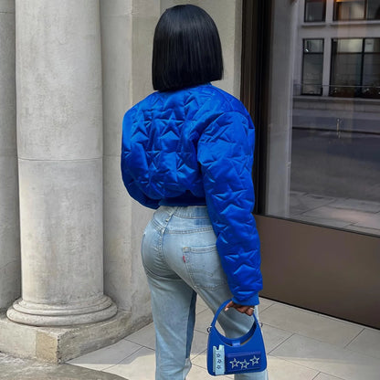 CM.YAYA Women Long Sleeve Star Zipper Fly Baseball Style Parkas Jackets 2023 Autumn Winter Keep Warm Outcoats Jacket