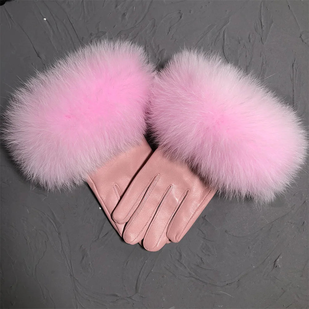 Jxwatcher Wholesale Fox Fur Gloves Winter Female Luxury Style Warm Sheepskin Genuine Leather Gloves Driving Thickening Mitten